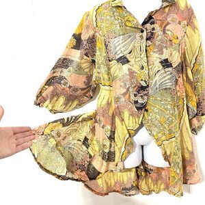 Vtg FREE & EASY Brand SHEER Art Nouveau Print S/M Hi-Lo Button Front ART DECO